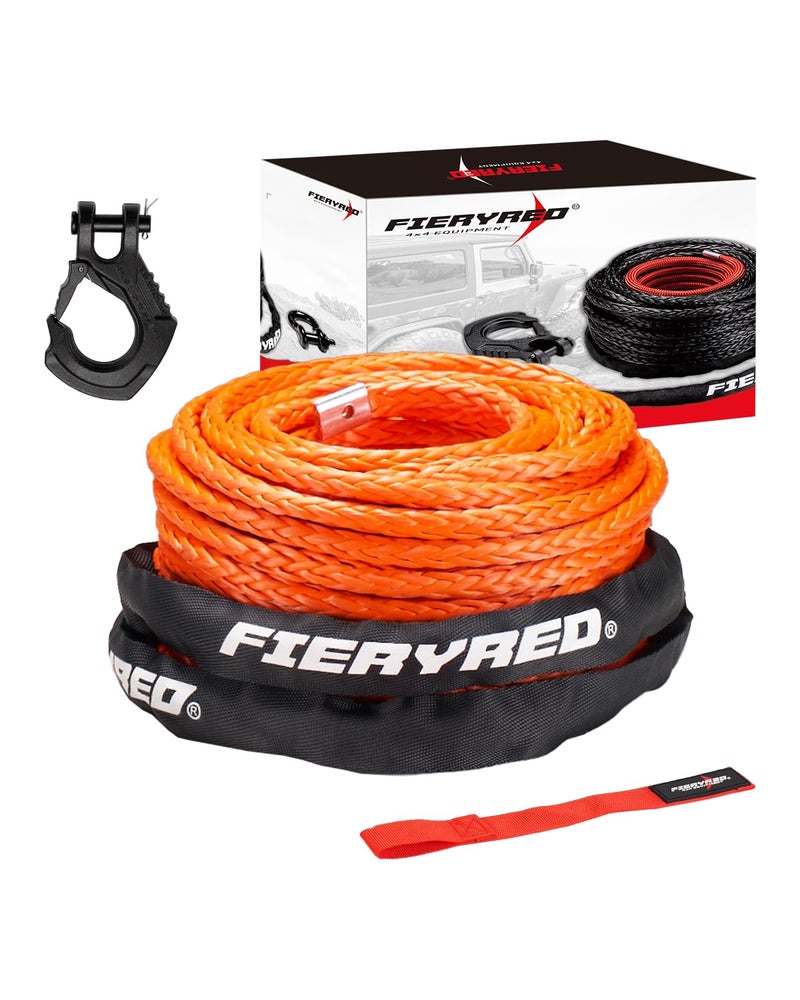 FieryRed Synthetic Winch Rope Cable Kit 3/8inch 100FT 26500lbs Winch Line Replacement with Forged Hook Protective Sleeve for 4WD Off-Road Vehicle SUV, Orange - Image 1